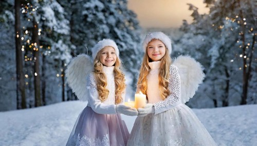 AI generated, girl, angel, winter, snow, ice, firs, snowy, snowflakes, winter landscape, costume,