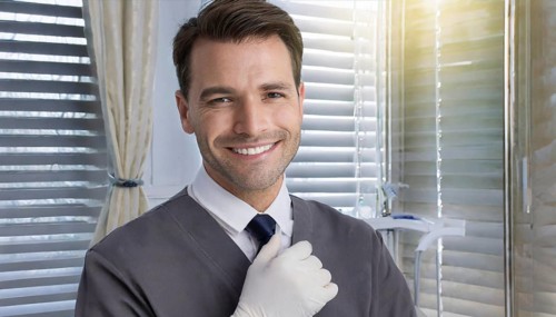 A friendly dentist in his practice, 35, portrait, attractive, attractive, friendly, friendly,