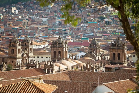 City view Cusco, in front the Cathedral of Cusco or the Cathedral Basilica of the Assumption of the
