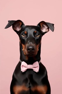 Doberman dog with bowtie on pink background. KI generiert, generiert AI generated