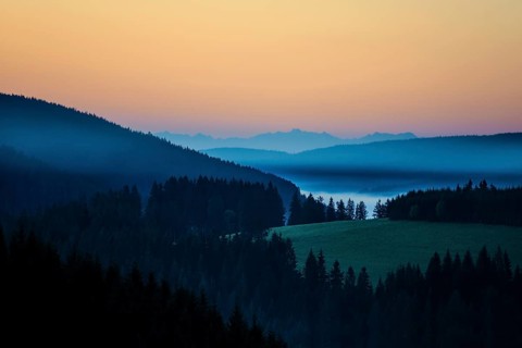 Morning mist, morning mood, sunrise, view from Thurner, Swiss Alps in the background, Black Forest,