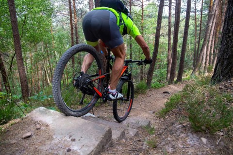Mountain biker riding steps on a single trail near Weinbiet in the Palatinate Forest, Germany,