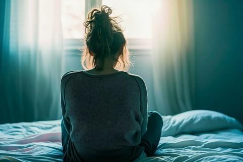 A girl sits on a bed, looking at a window with translucent morning light, symbolising depression