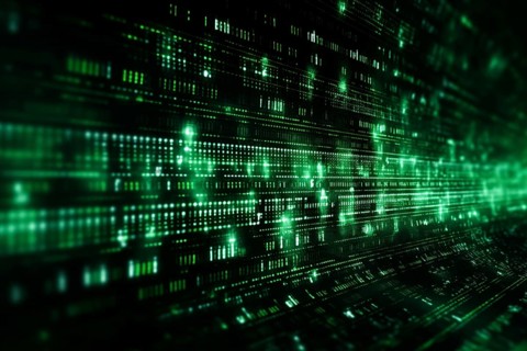 Green dynamic digital data streams, showcasing flowing lines of code in a mesmerizing pattern,