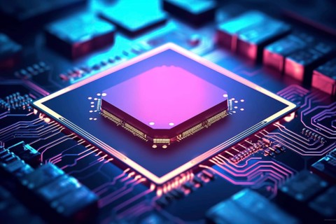 Close-up of a computer processor chip CPU on a motherboard with glowing neon lights. The chip is