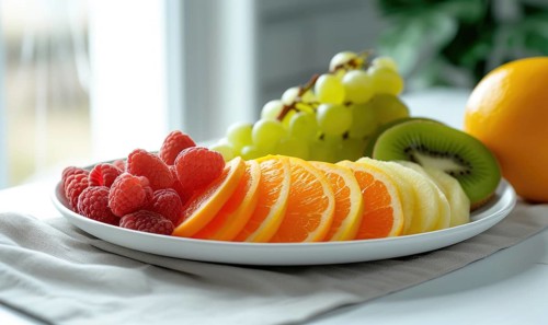 Fresh fruits on a white plate in the kitchen. Healthy eating AI generated