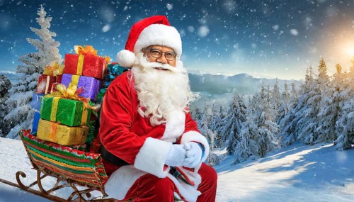 AI generated, man, 70+, Father Christmas, red coat, backpack, full beard, winter, snow, ice, fir