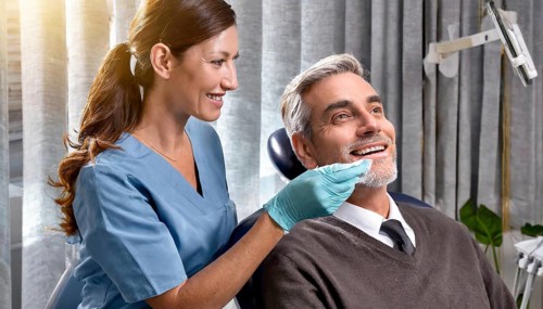 AI generated, dentist treats an attractive older man, senior, seniors, 65, dentist, blonde, 30, 35,