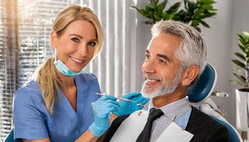 AI generated, dentist treats an attractive older man, senior, seniors, 65, dentist, blonde, 30, 35,