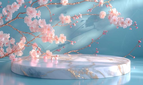 White marble podium with cherry blossom branch on blue background AI generated