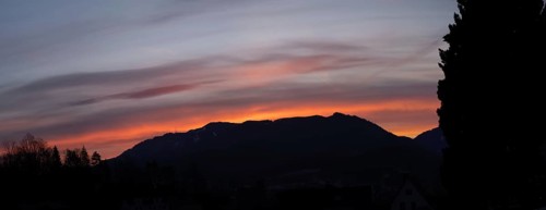 Dawn over the Mugel, panoramic view, Leoben, Styria, Austria, Europe