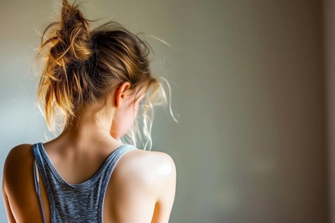 Back view of a girl in soft light, her hair tied into a loose bun, symbolising depression and