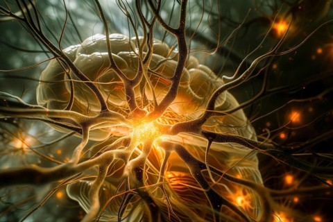 Luminous neuronal structures with light-coloured connection points on a dark background, AI