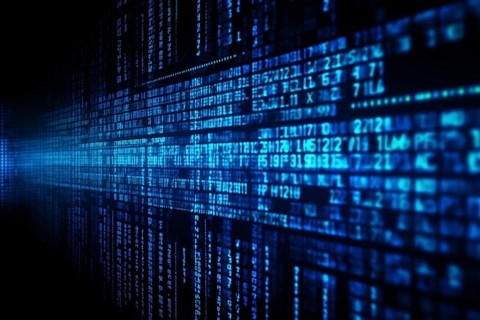 Blue dynamic digital data streams, showcasing flowing lines of code in a mesmerizing pattern, ideal