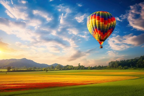 A colorful hot air balloon floats in sky over a blooming field meadow of flowers landscape at