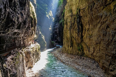 Sunbeams in a gorge, gorge, river, summer, Partnachklamm, Garmisch-Partenkirchen, Upper Bavaria,