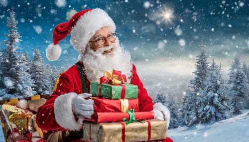 AI generated, man, 70+, Father Christmas, red coat, backpack, full beard, winter, snow, ice, fir