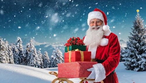 AI generated, man, 70+, Father Christmas, red coat, backpack, full beard, winter, snow, ice, fir