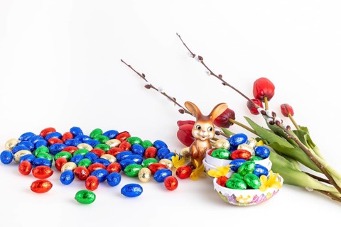 A collection of colourful chocolate eggs and an Easter bunny next to tulips and palm catkins, white