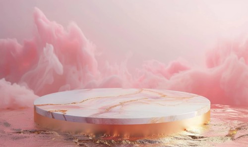 Pink marble podium with shadow of leaves and rose quartz texture background AI generated