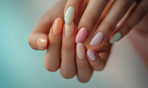 Female hands with pink nail design. Nail polish manicure AI generated