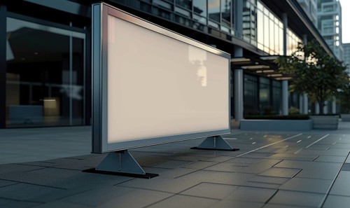 Blank street billboard on city street. Mockup of horizontal advertising stand in the street AI