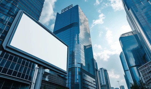 Blank street billboard on city street. Mockup of horizontal advertising stand in the street AI