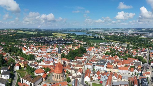 Aerial view of Dingolfing with a view of the historic town centre. Dingolfing, Lower Bavaria,