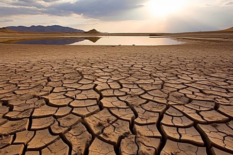 Dry cracked earth with drying lake. Climate change and water shortage concept. KI generiert,