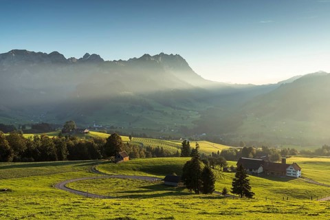 Appenzellerland, view of the Alpstein mountains with Saentis in the light of the evening sun,