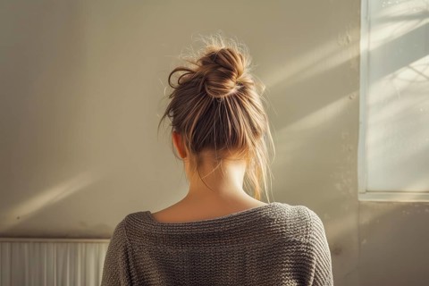 A woman stands in the backlight falling through a window, rear view, symbolic image for depression