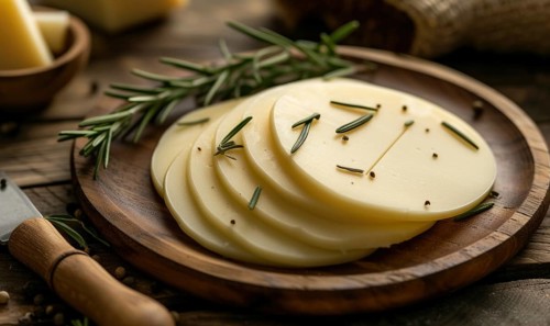 Slices of cheese with rosemary on a wooden background AI generated