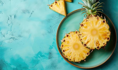 Pineapple slices on blue plate over blue background. Top view with copy space AI generated