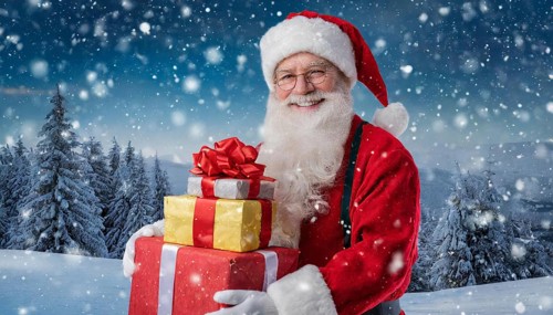 AI generated, man, 70+, Father Christmas, red coat, backpack, full beard, winter, snow, ice, fir