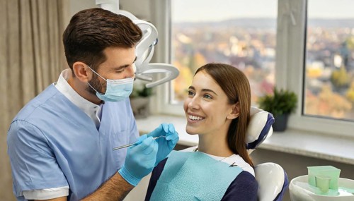 AI generated, A dentist treats a young woman, Blonde, 30, 35, years, Dental treatment, Follow-up
