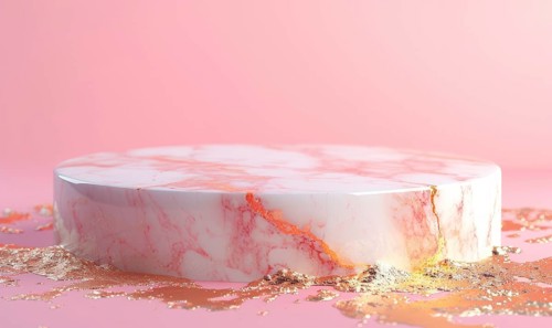 Pink marble podium with shadow of leaves and rose quartz texture background AI generated
