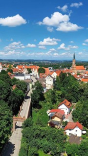 Aerial view of Dingolfing with a view of the historic town centre. Dingolfing, Lower Bavaria,