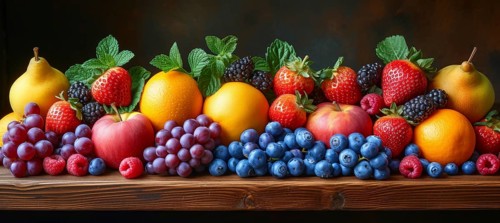 Fresh fruit spread with pears, apples, berries, and citrus, garnished with mint on a wooden
