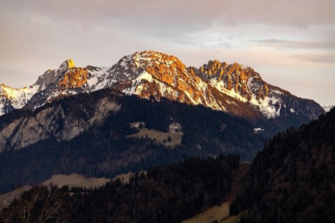 Gummfluh, Douve and Rocher du Midi in the sunset, mountains near Gstaad, Rossiniere, Vaud,