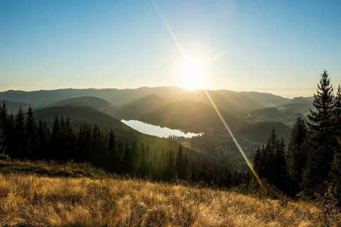 View from Hochfirst to Titisee and Feldberg, sunset, near Neustadt, Black Forest,
