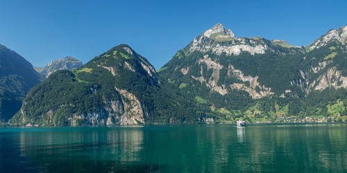 View from Tellsplatte to Bauen with Oberbauen Kulm, Vierwaldstaettersee Canton Uri, Switzerland,