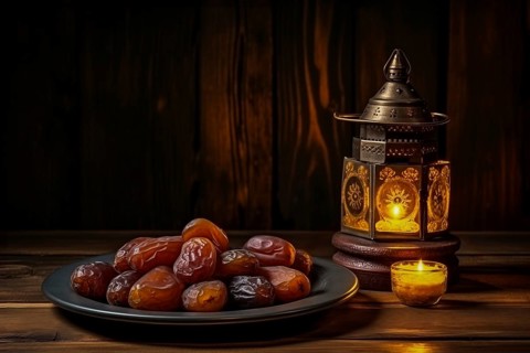Ramadan lantern to a plate of succulent figs on dark background, set on an ornate table with