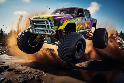 Monster truck driving and jumping outdoors amidst a cloud of dust. Thrill and adrenaline of an