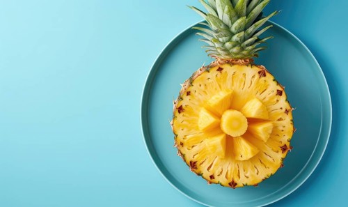 Pineapple slices on blue plate over blue background. Top view with copy space AI generated