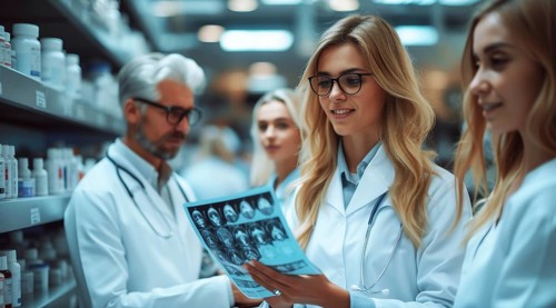 A team of healthcare professionals examining MRI scans in a drugstore setting, ai generated, AI