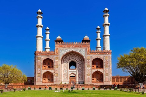 Gate at Akbar's Mausoleum, Agra, India, blue sky, art, pattern, Asia