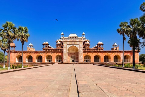 Akbar's Mausoleum, Agra, India, design, filigree, blue sky, palm tree, blue sky, art, pattern, Asia