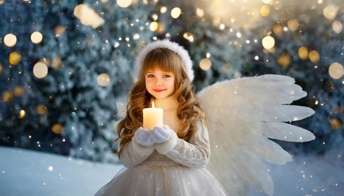 AI generated, girl, angel, winter, snow, ice, firs, snowy, snowflakes, winter landscape, costume,