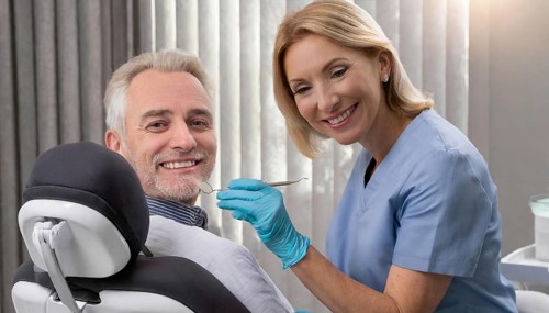 AI generated, dentist treats an attractive older man, senior, seniors, 65, dentist, blonde, 30, 35,