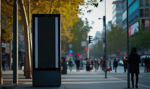 Blank street billboard on city street. Mock up of vertical advertising stand in the street AI